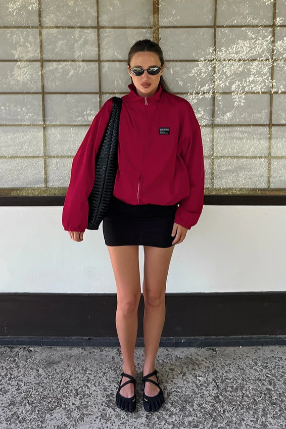 Red Stand Collar Loose Casual Street Fashion Trench Jacket - Image 2