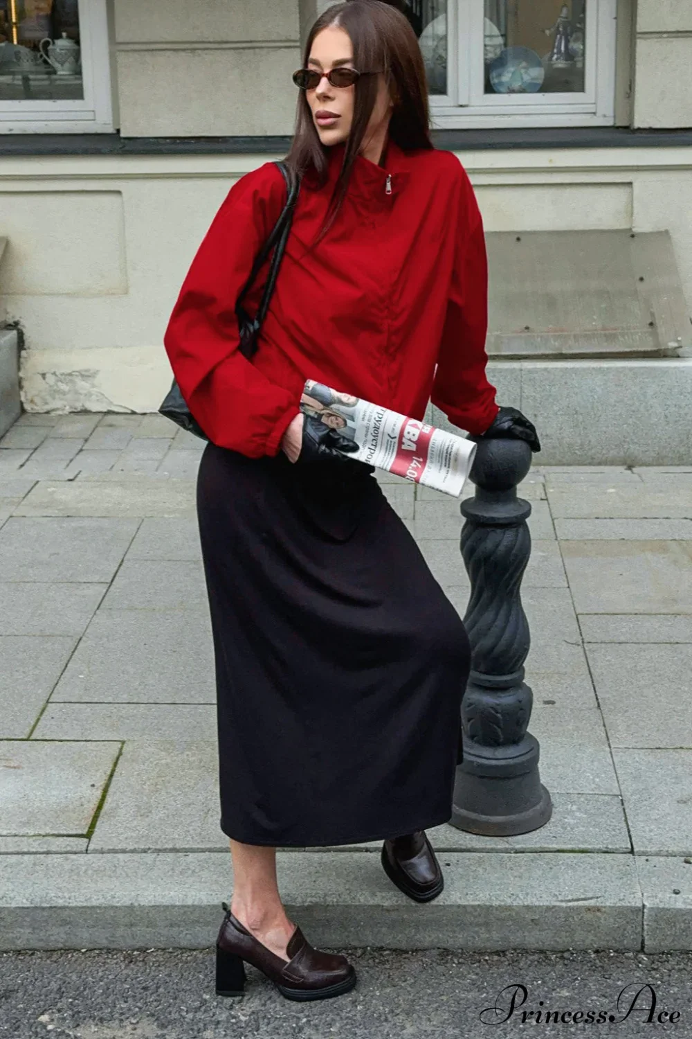Red Stand Collar Zip Windproof Coat - Image 4