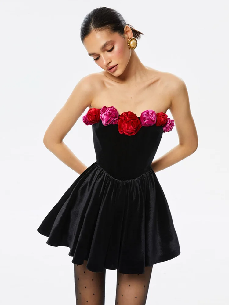 Red Strapless 3D Flower Mini Party Dress - Image 2