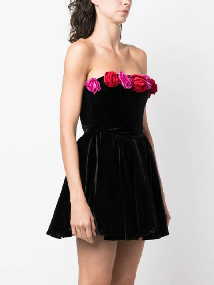 Red Strapless 3D Flower Mini Party Dress - Image 3