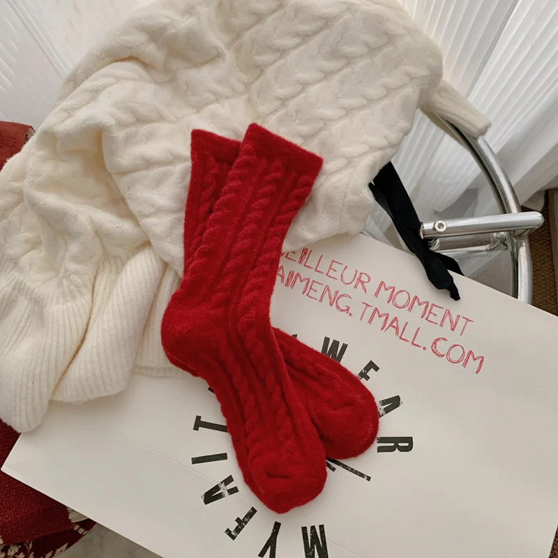 Red Striped Cashmere Blend Warm Mid Calf Socks - Image 10