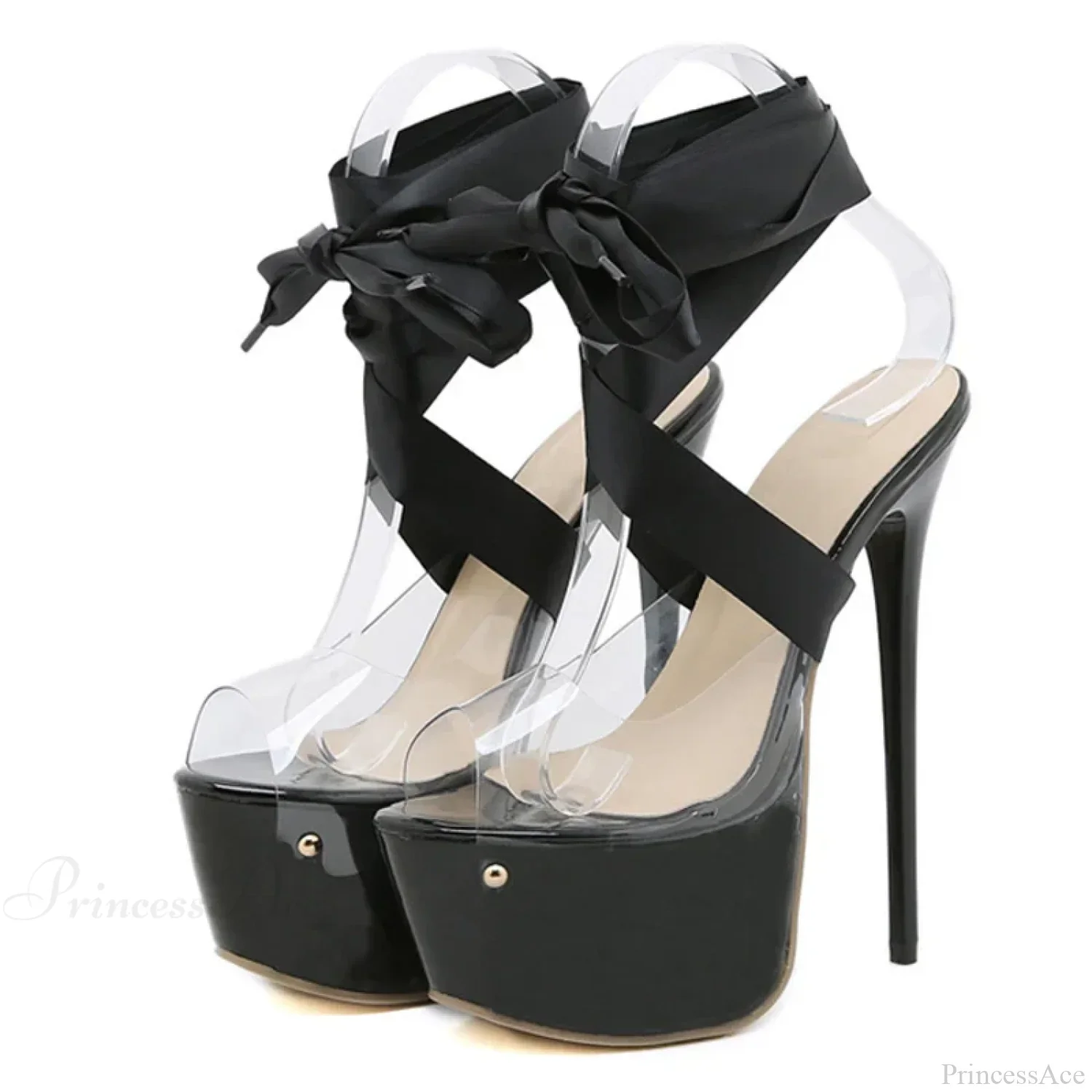 Red Thigh-High Lace-Up Platform Transparent Stiletto Peep-Toe Sexy Stripper High Heel - Image 5