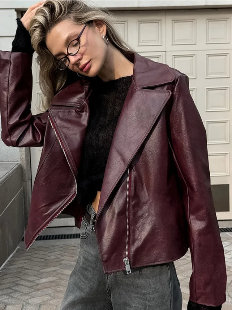 Red Turn-Down Collar PU Leather Coat - Image 2
