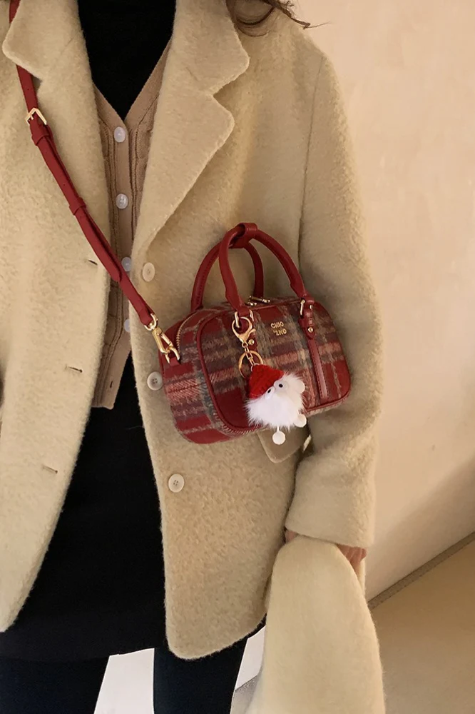 Red Tweed Pillow Handheld Shoulder Crossbody Bag - Image 3