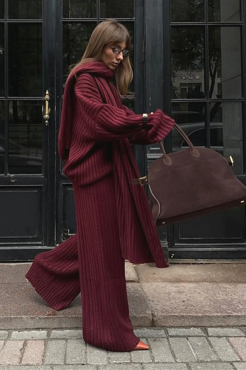 Relaxed Fit V Neck Ribbed Sweater with Pants Two Piece Pants Set - Image 3