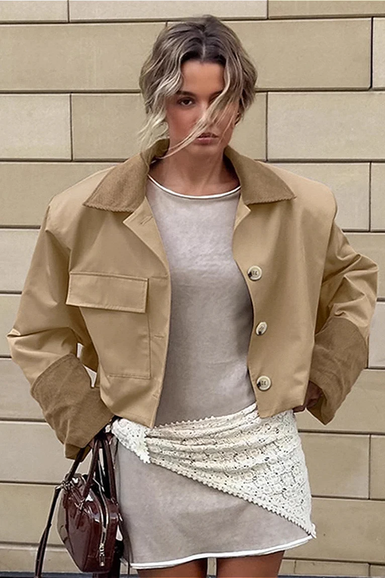 Retro Color Block Collared Utility Cropped Casual Jacket - Image 3