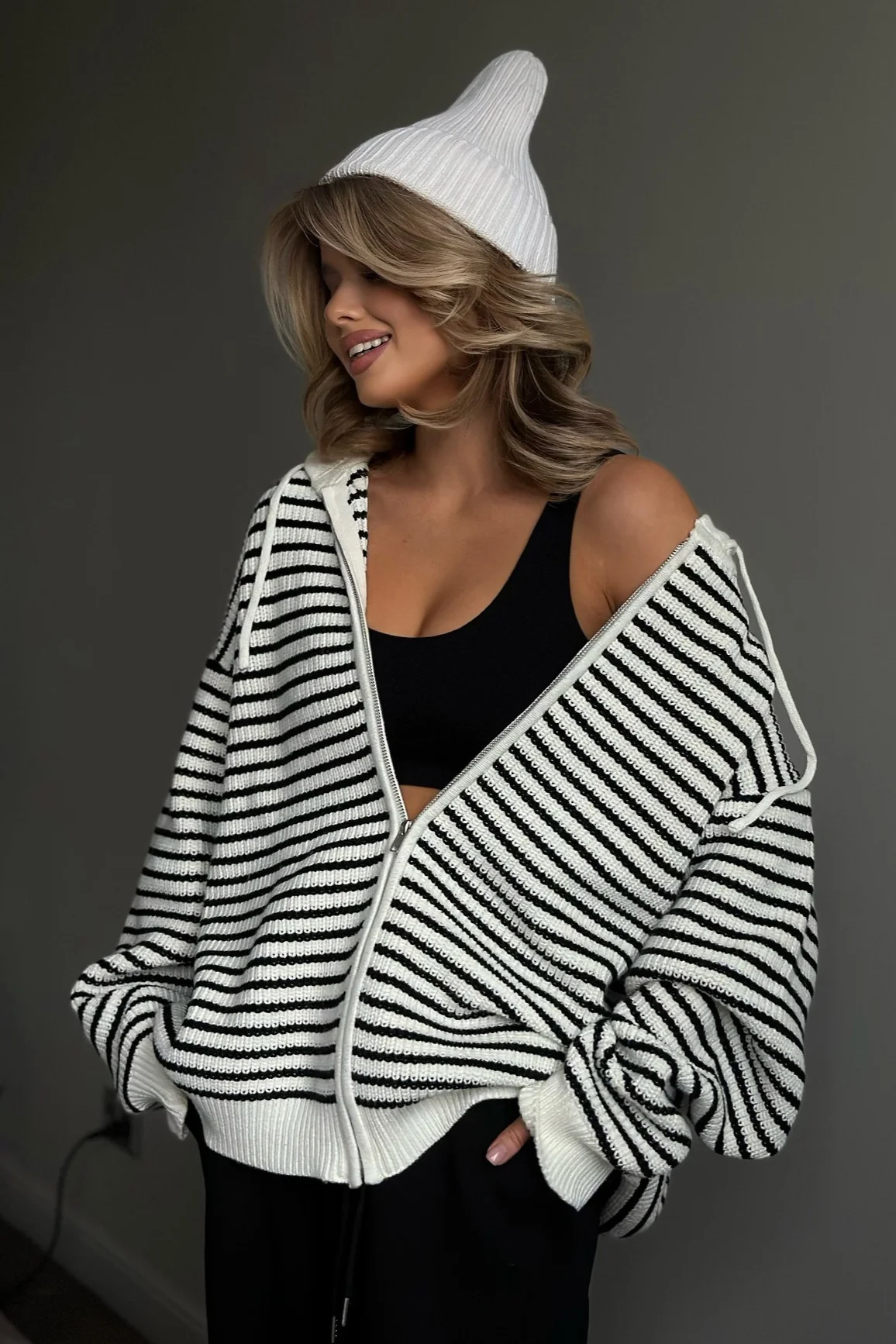 Retro Color Block Loose Zip Knit Cardigan