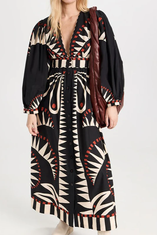 Retro Floral Long Sleeve Boho Dress
