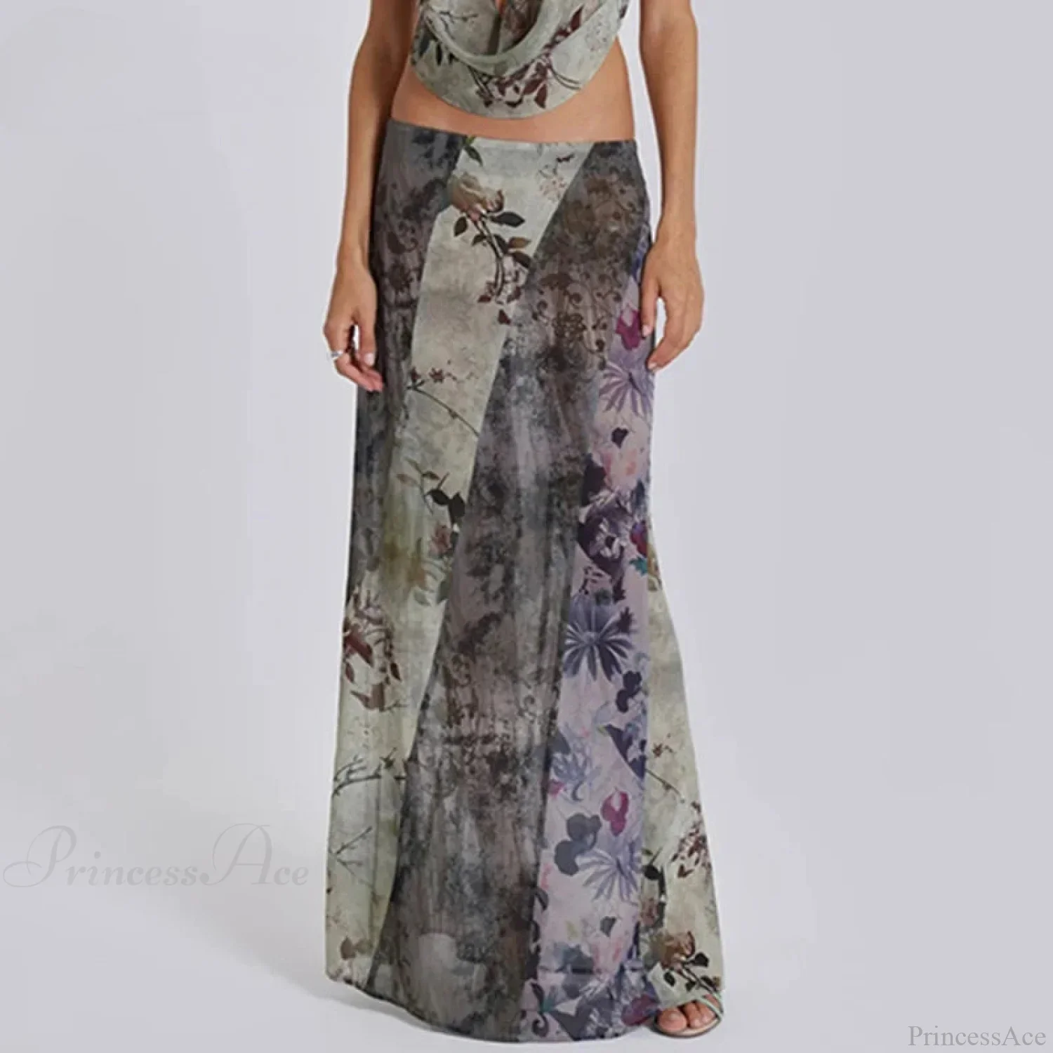 Retro Floral Print Long Patchwork Mesh Low Rise Skirt
