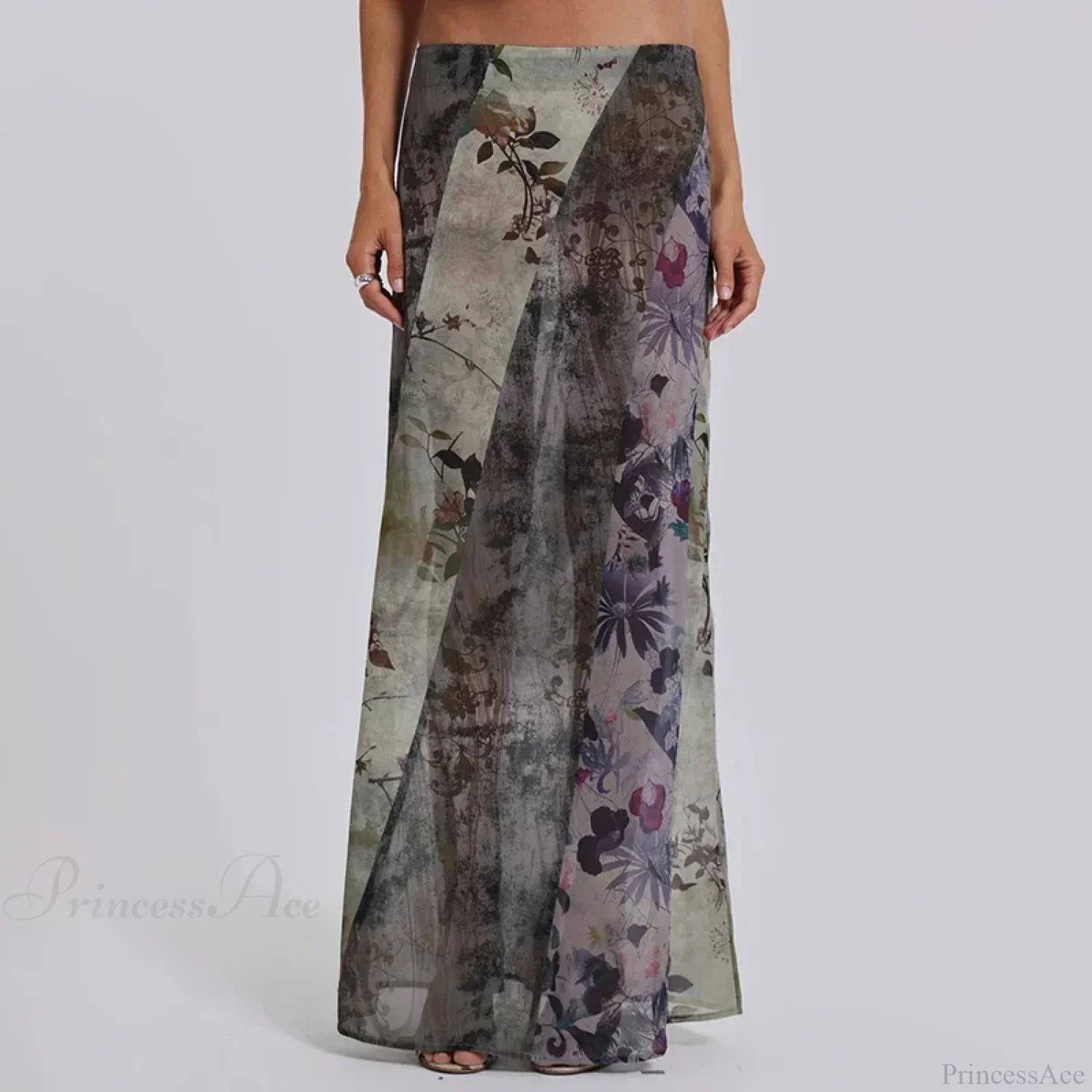 Retro Floral Print Long Patchwork Mesh Low Rise Skirt - Image 2