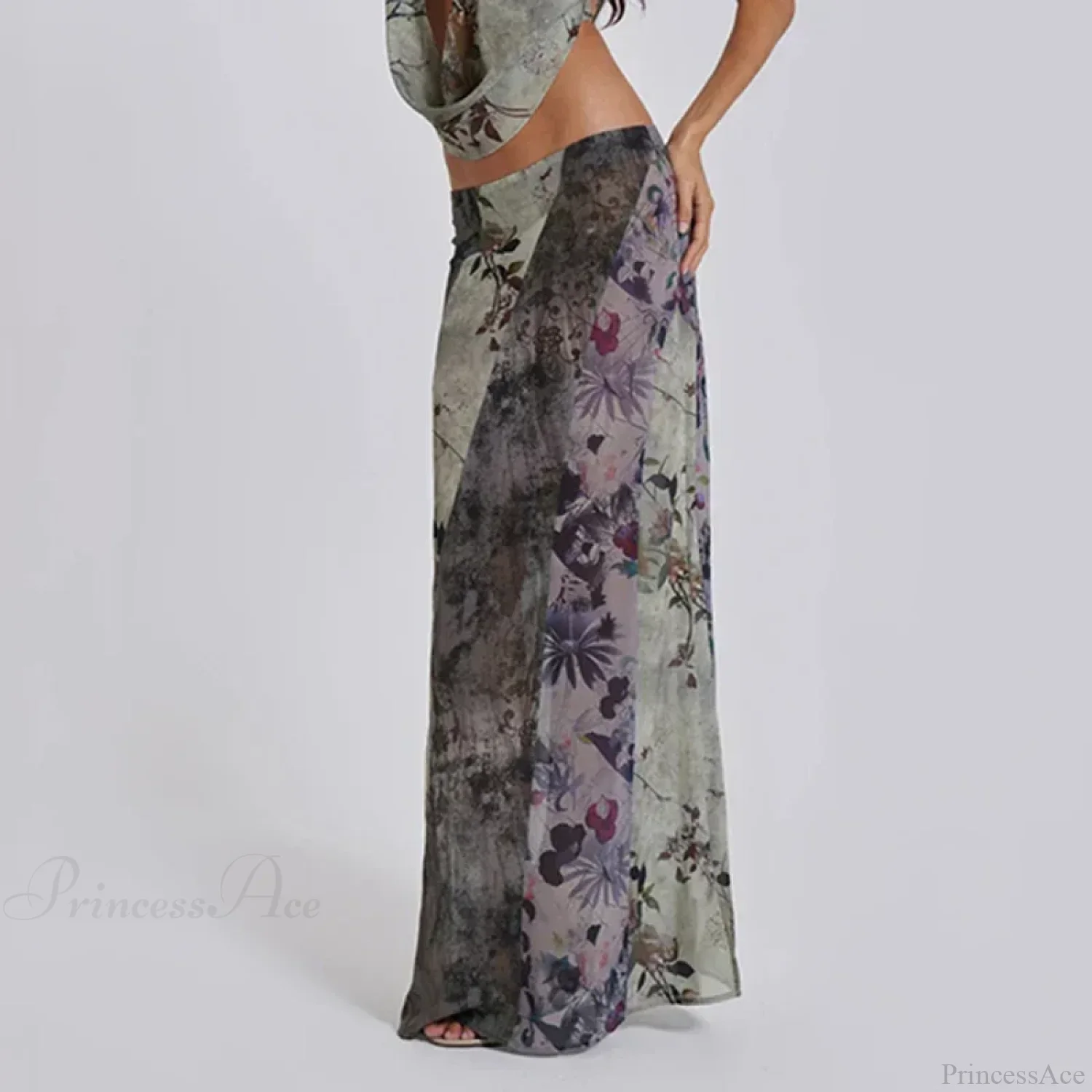 Retro Floral Print Long Patchwork Mesh Low Rise Skirt - Image 3