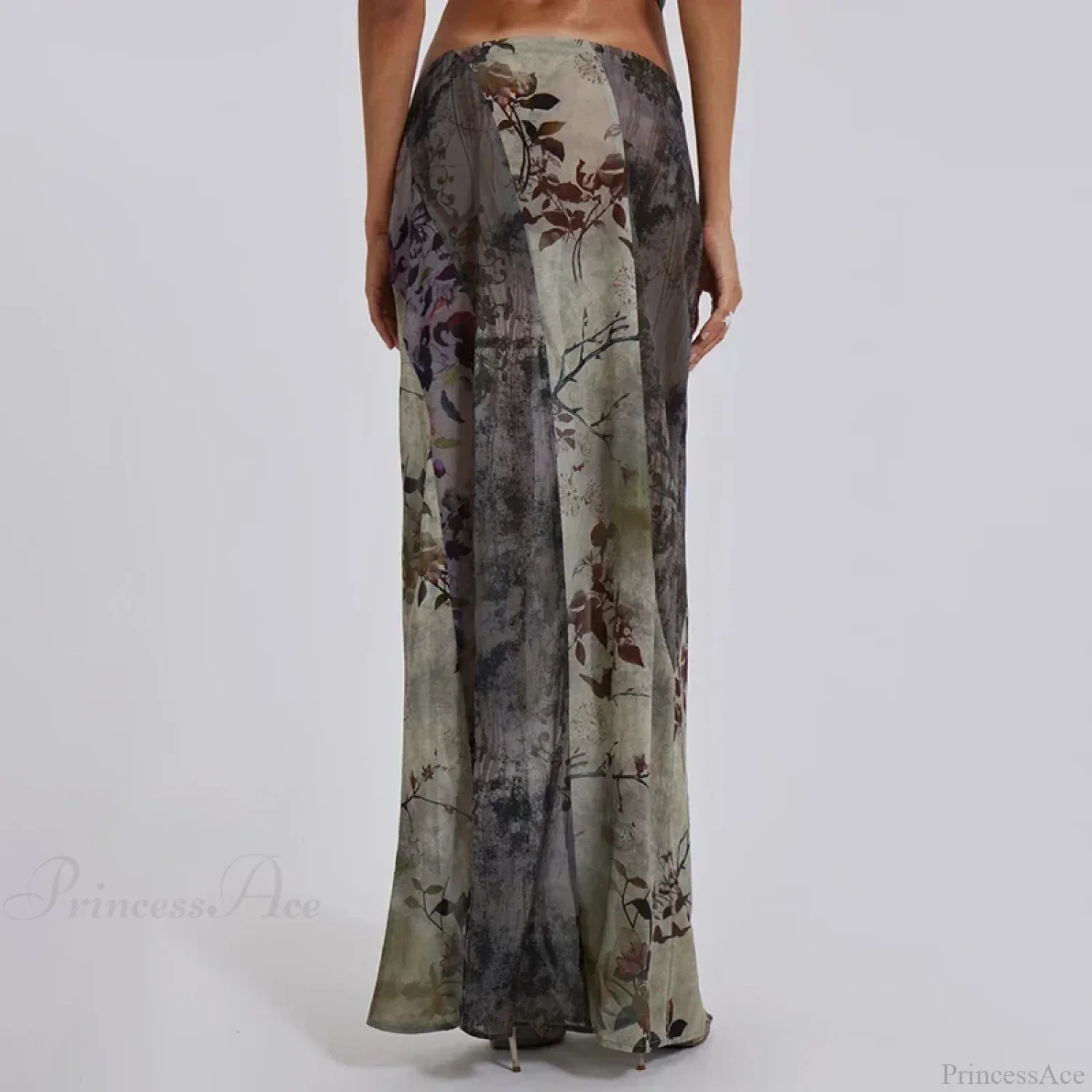 Retro Floral Print Long Patchwork Mesh Low Rise Skirt - Image 4