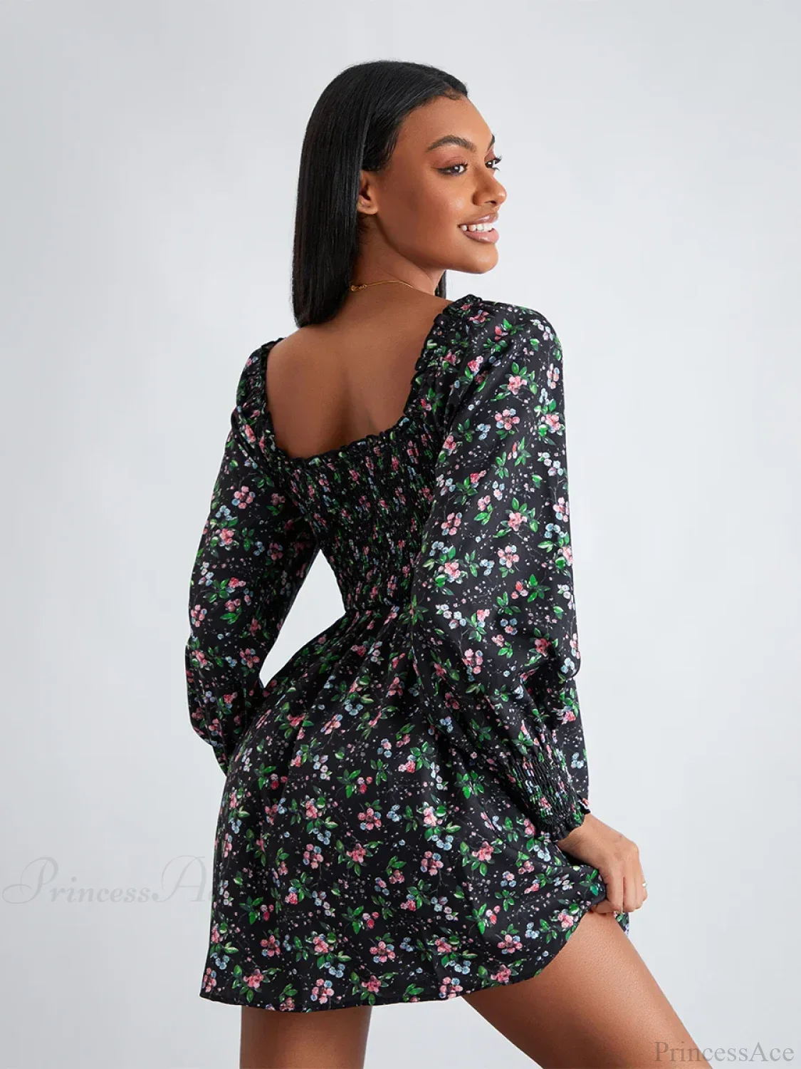 Retro Floral Print Ruffled Trim Square Neck A-Line Short Floral Dress - Image 2