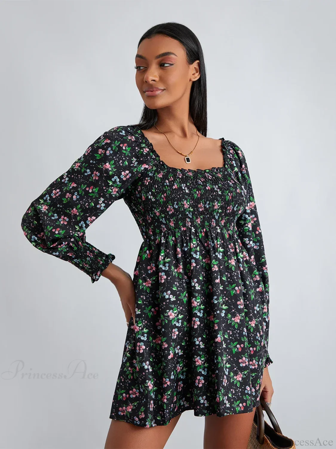 Retro Floral Print Ruffled Trim Square Neck A-Line Short Floral Dress - Image 4