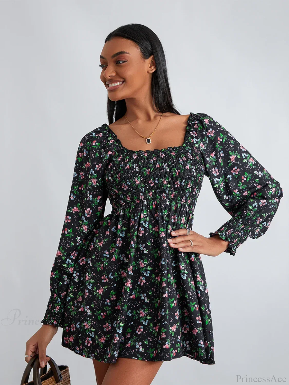 Retro Floral Print Ruffled Trim Square Neck A-Line Short Floral Dress - Image 5