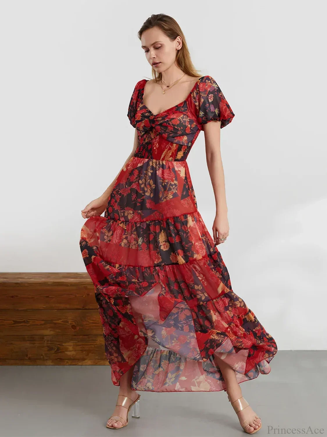 Retro Floral Print Swing Puff Short Sleeve Sweetheart Neck A-Line Beach Dress - Image 2