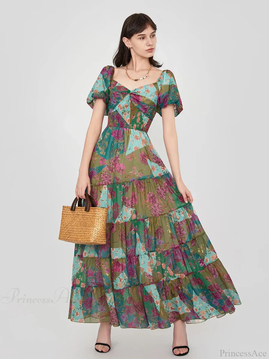 Retro Floral Print Swing Puff Short Sleeve Sweetheart Neck A-Line Beach Dress - Image 5