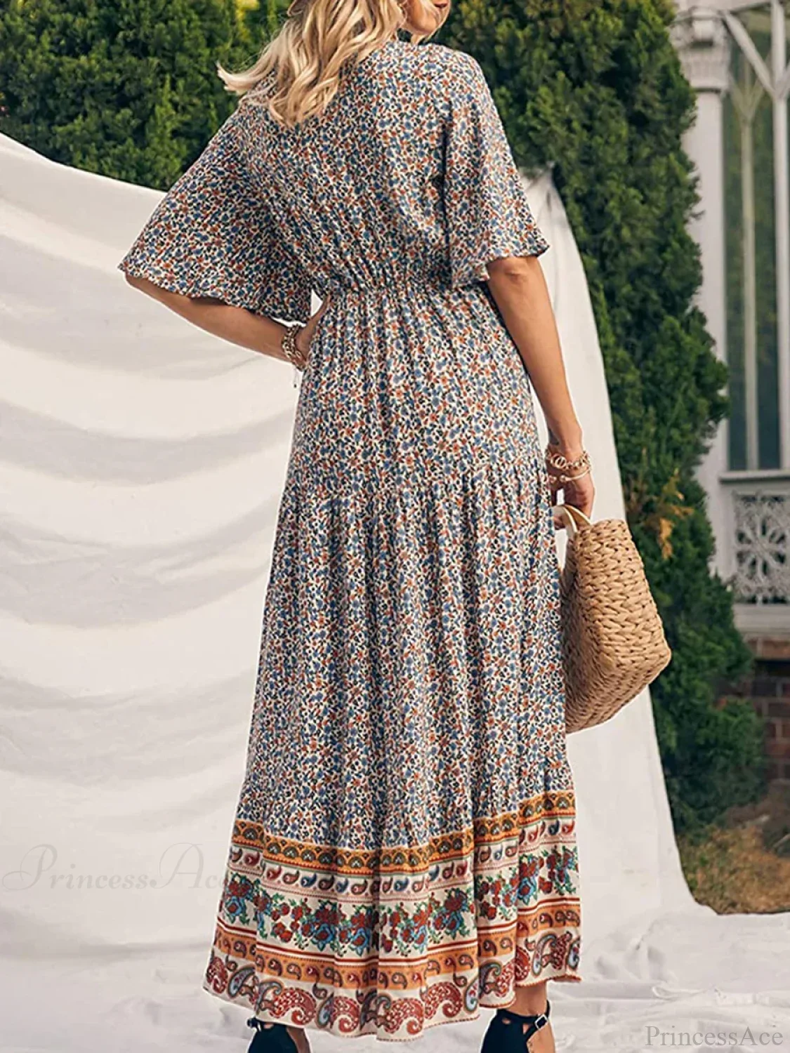 Retro Floral Print V-neck Boho Sundress - Image 2