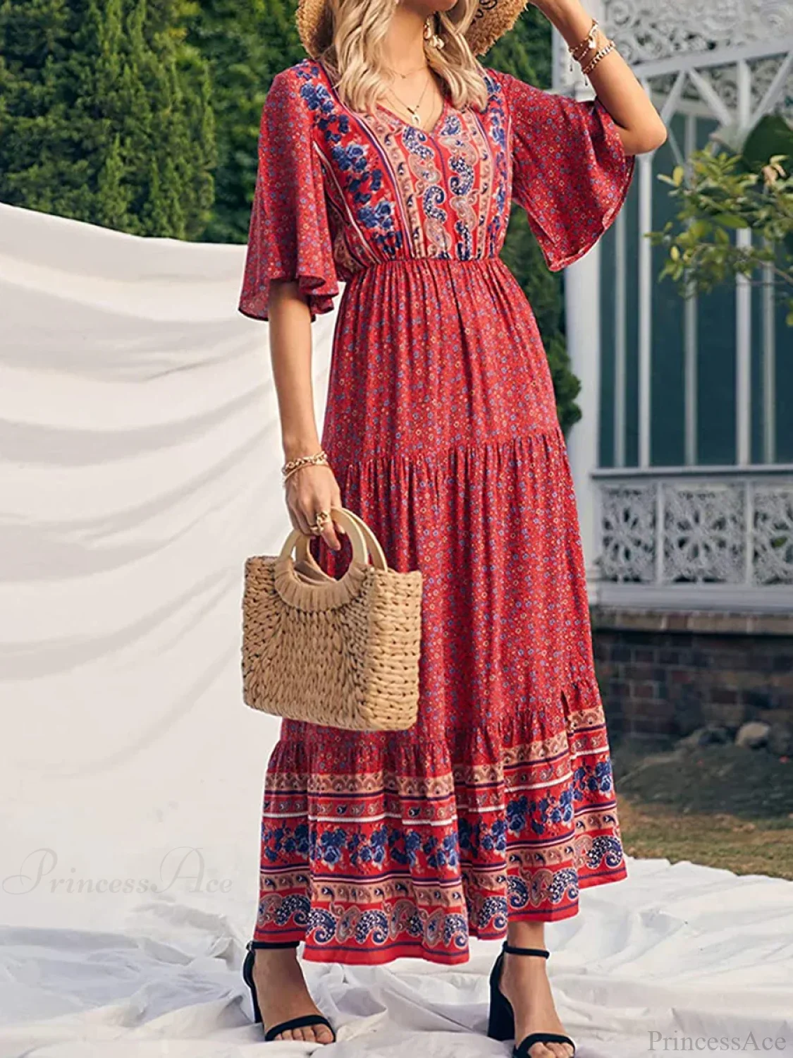 Retro Floral Print V-neck Boho Sundress - Image 3