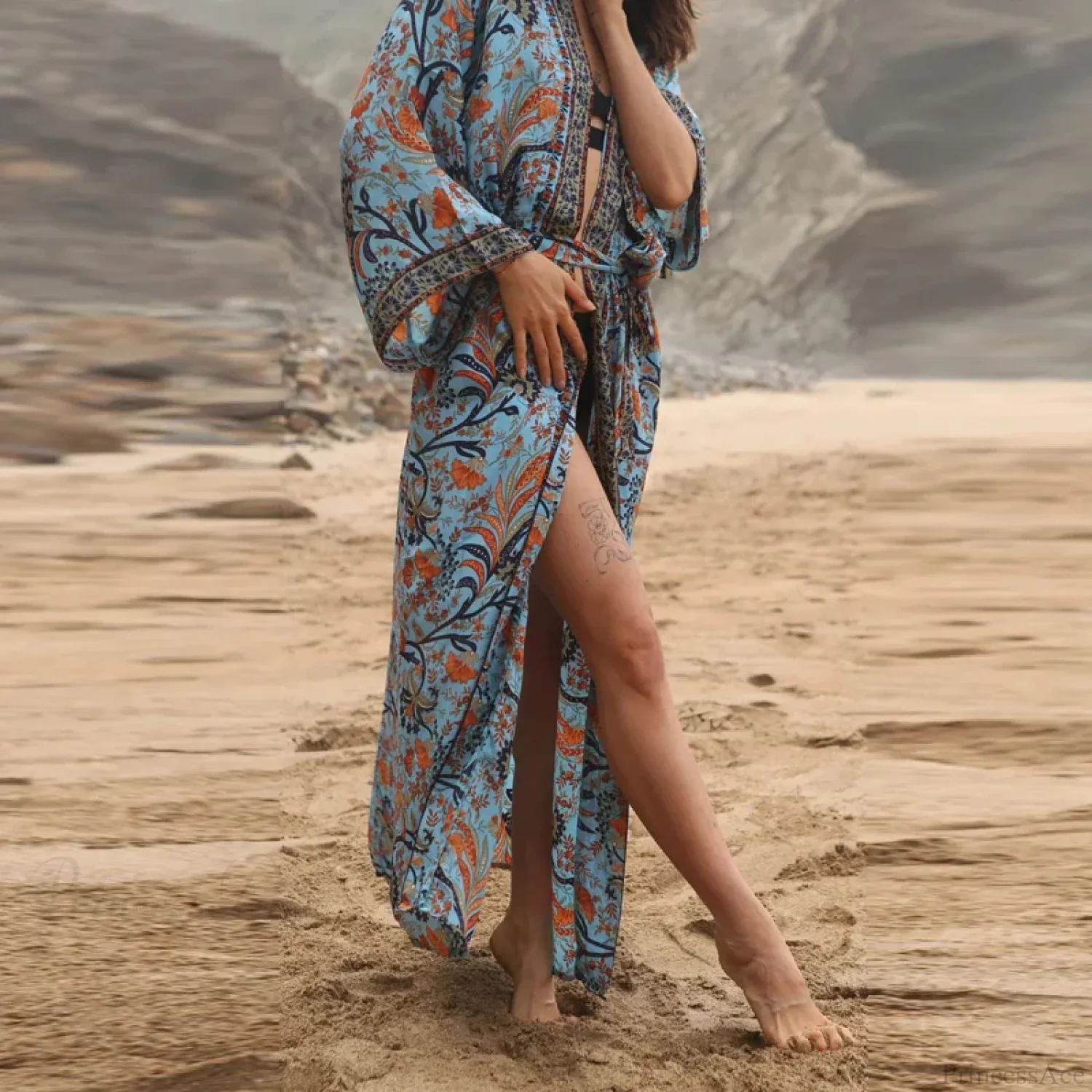 Retro Floral V-Neck Beach Cover Up - Image 3