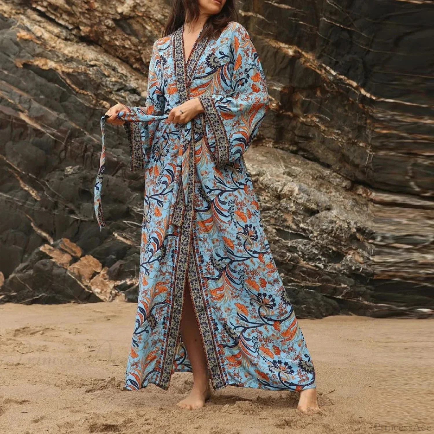 Retro Floral V-Neck Beach Cover Up - Image 7