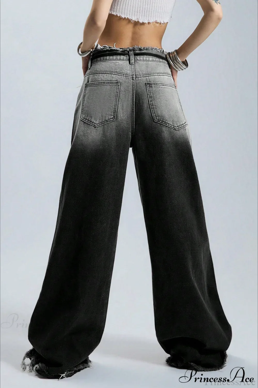 Retro Frayed Waist Ombre Straight Wide Leg Jeans - Image 3