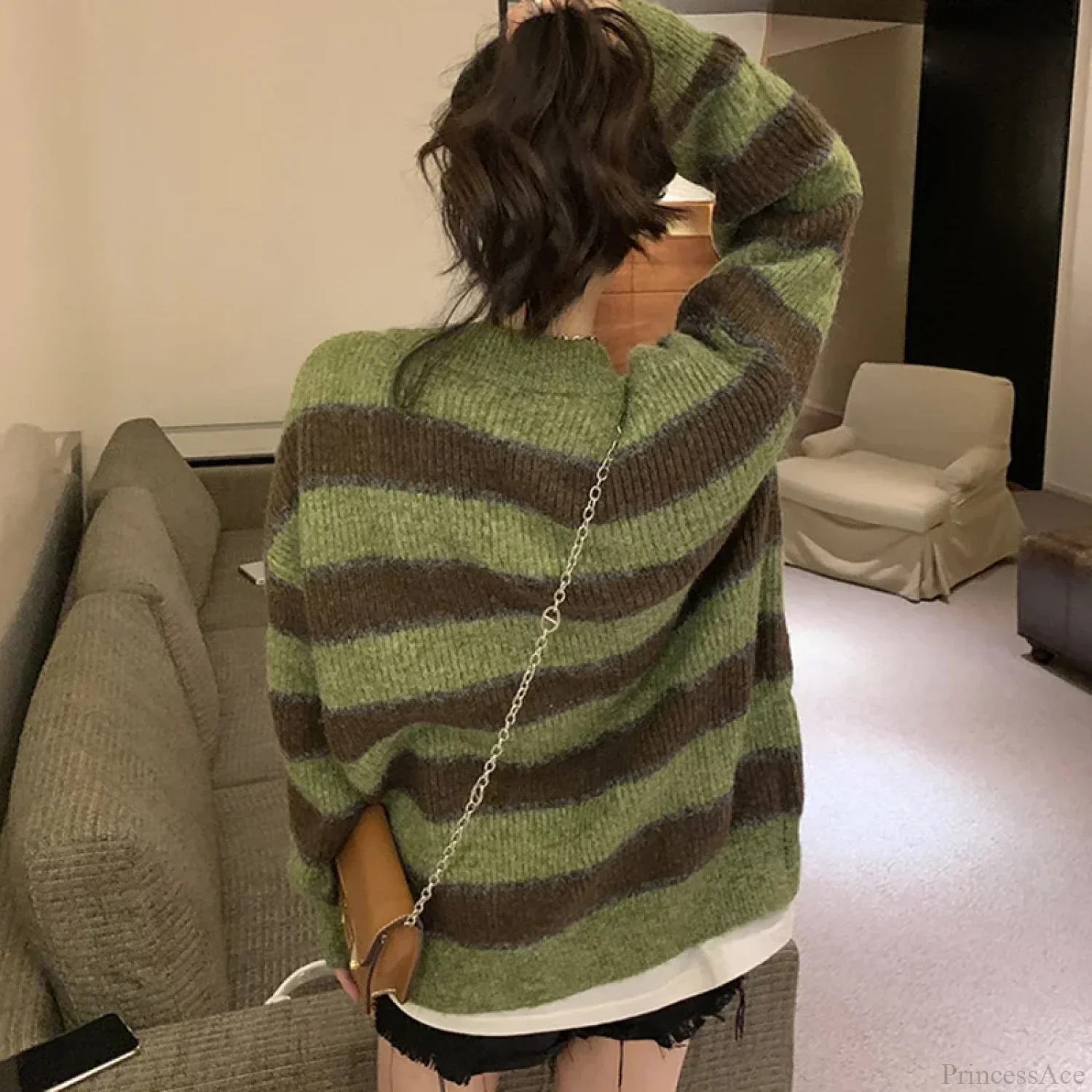 Retro Green Stripe V-Neck Single Breasted Cardigan - Image 4