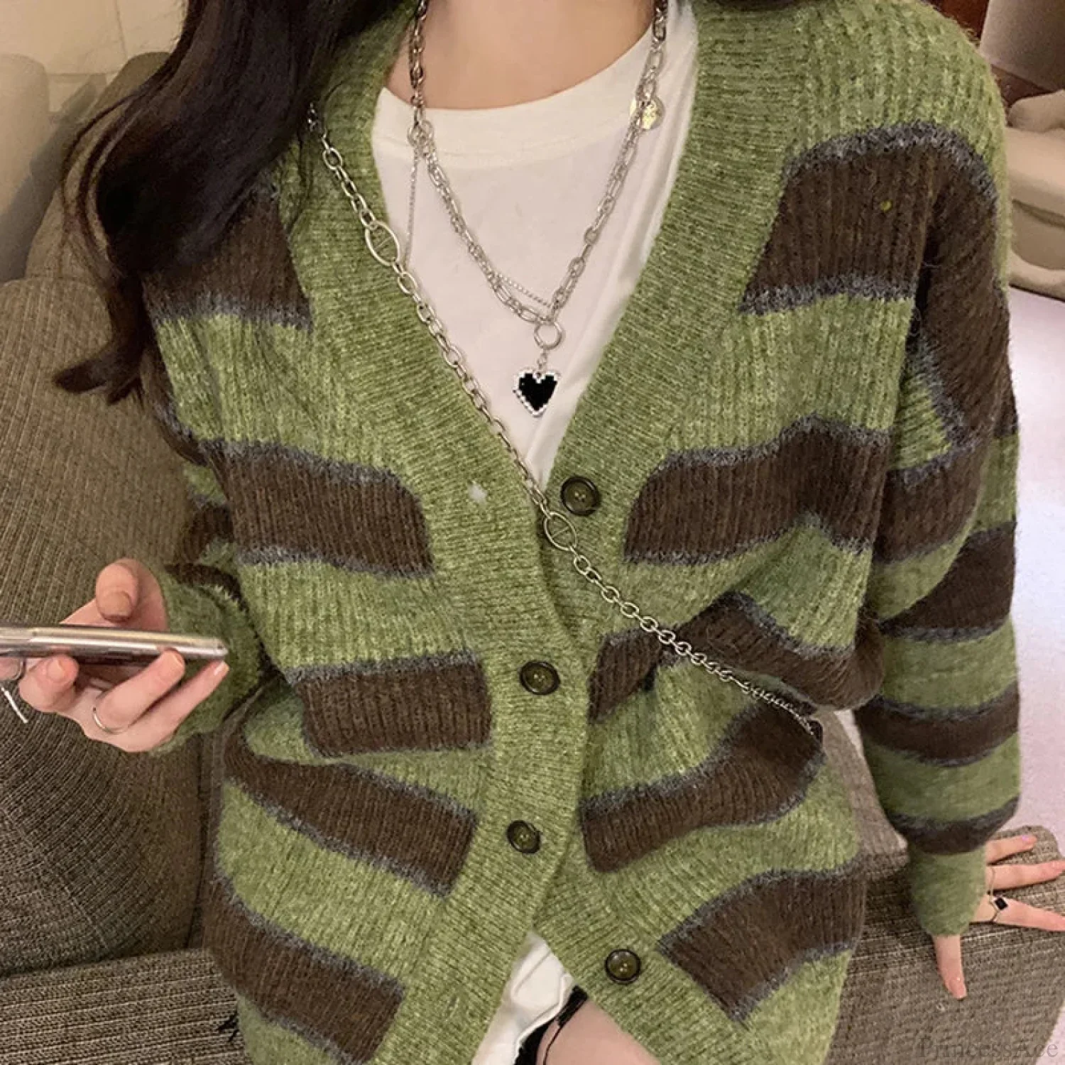 Retro Green Stripe V-Neck Single Breasted Cardigan - Image 5