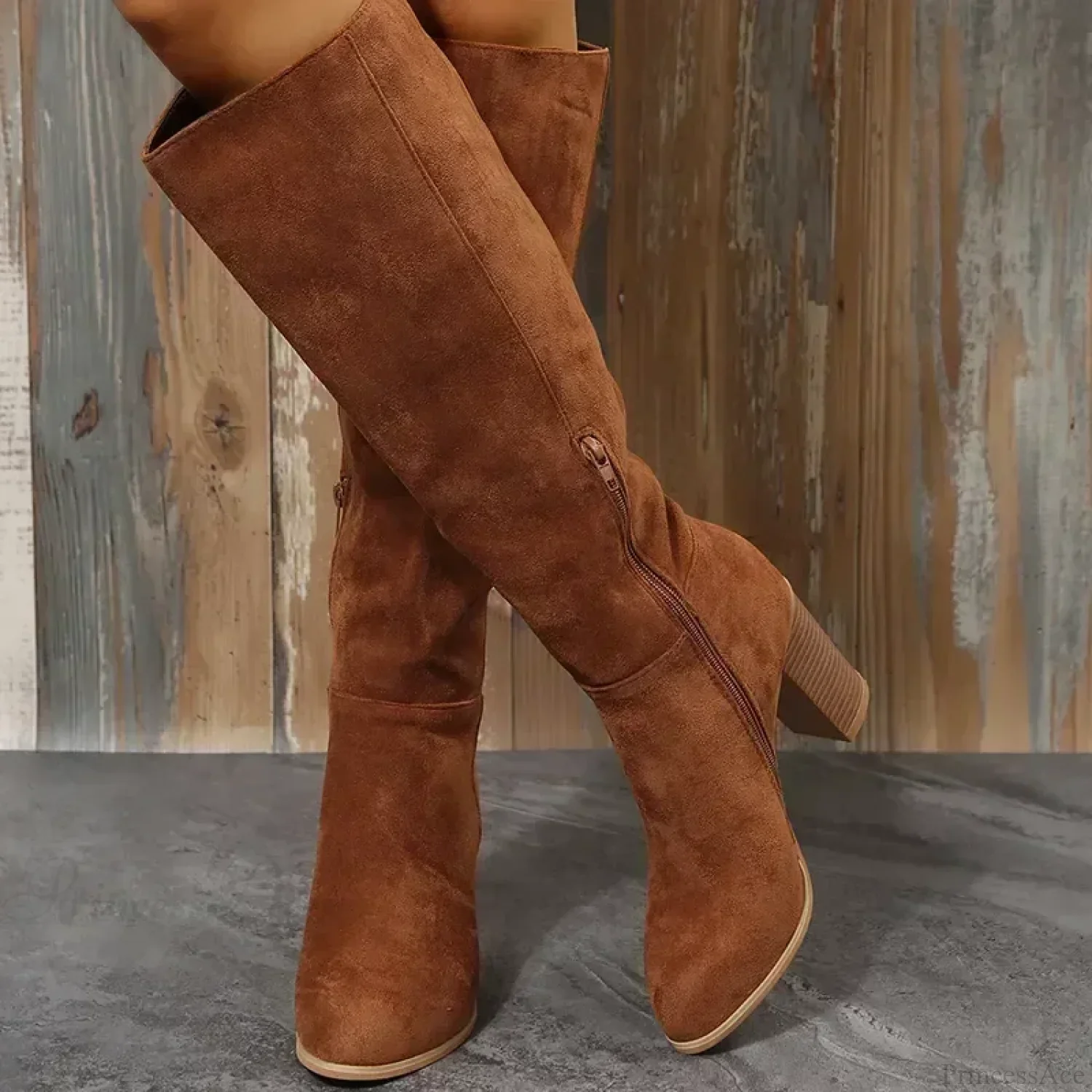 Retro High Heel Western Cowboy Chunky Winter Warm Plush Leather Suede Knee High Boot - Image 5