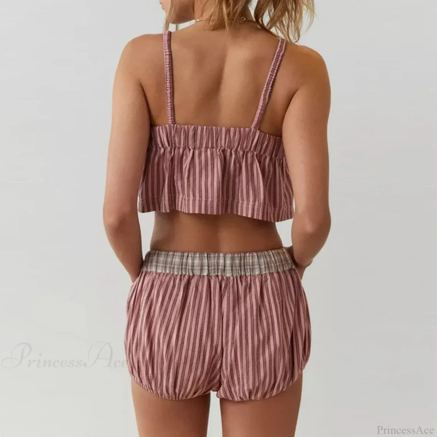 Retro Kawaii Plaid Patchwork Camis Crop Top Shorts Two Pieces Set - Image 5