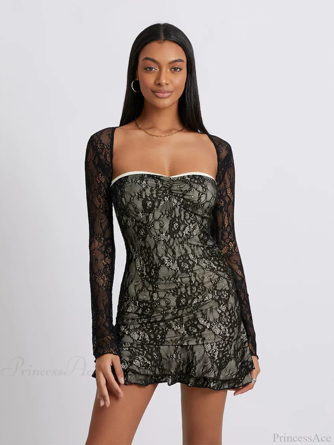 Retro Lace Bandeau Ruffled Mini Dress Long Sleeve Shrug - Image 2