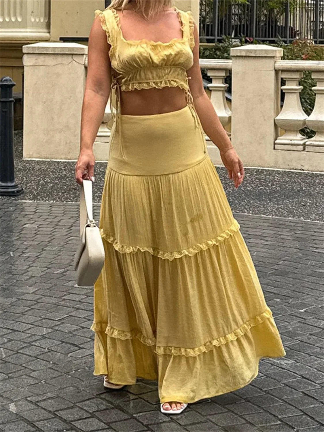 Retro Lace Trim Sleeveless Square Neck Tank Crop Top with Long Skirt Set - Image 4