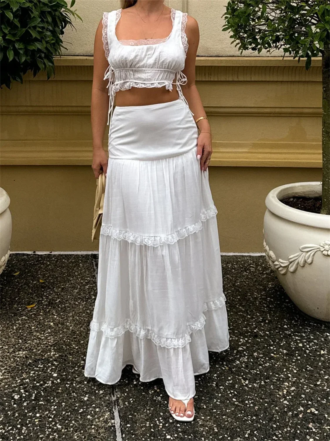 Retro Lace Trim Sleeveless Square Neck Tank Crop Top with Long Skirt Set - Image 6