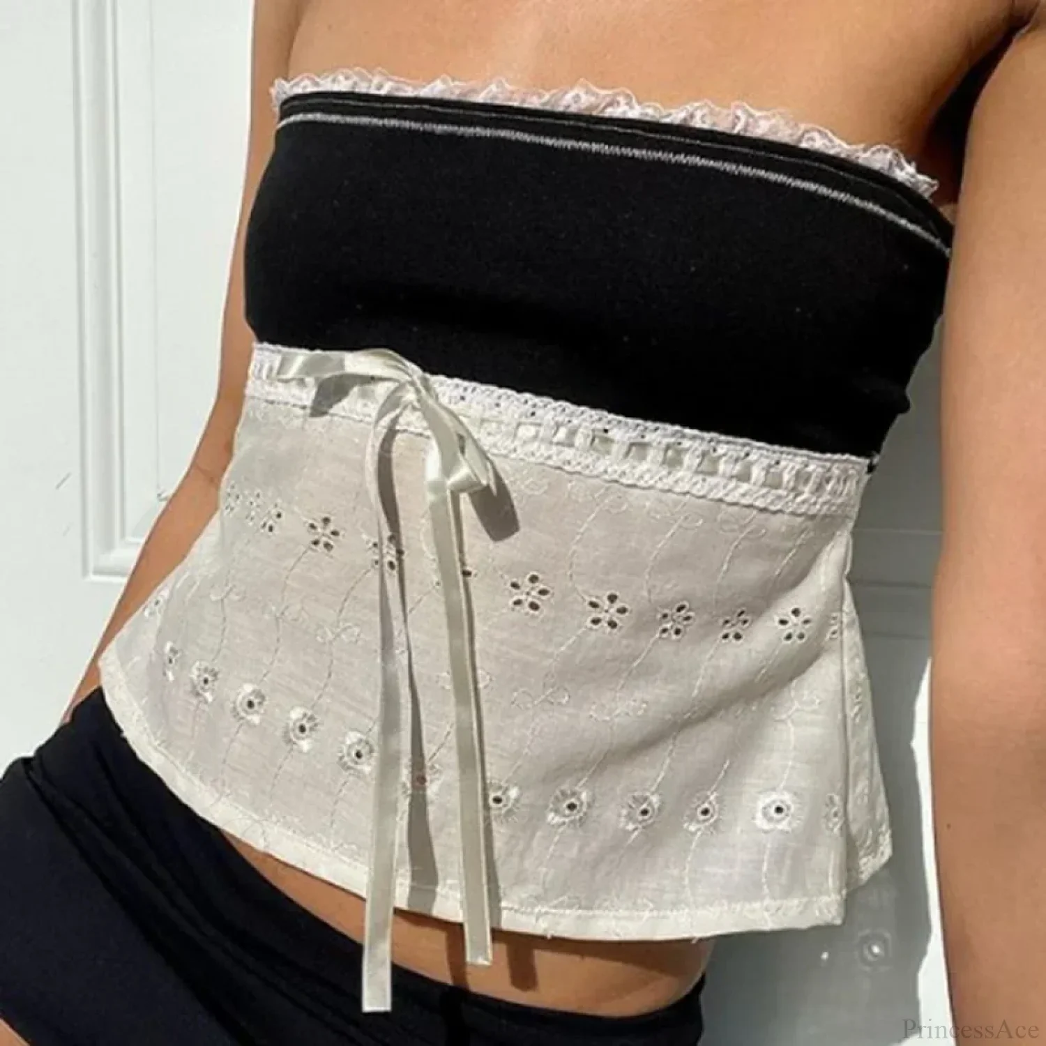 Retro Lace Trim Strapless Tube Crop Top - Image 6