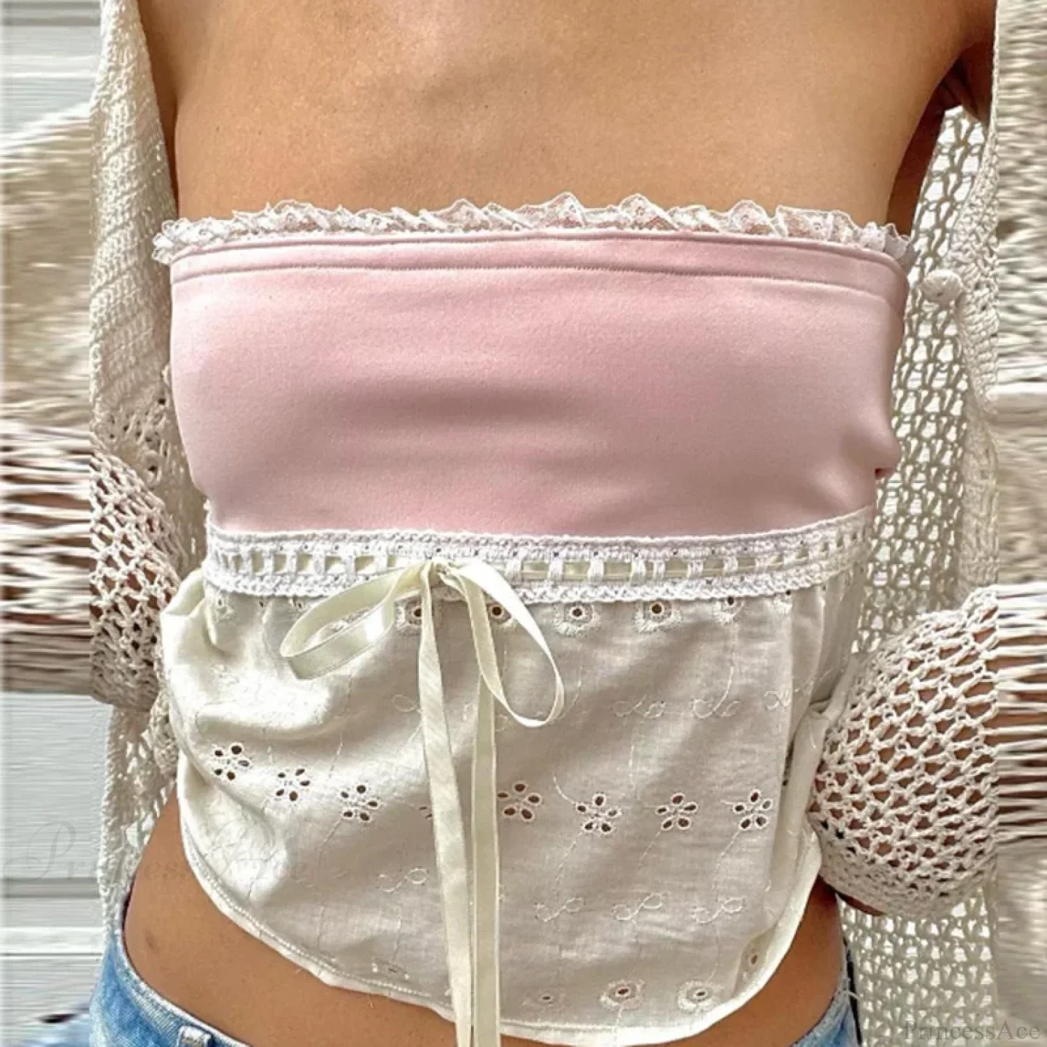 Retro Lace Trim Strapless Tube Crop Top - Image 7