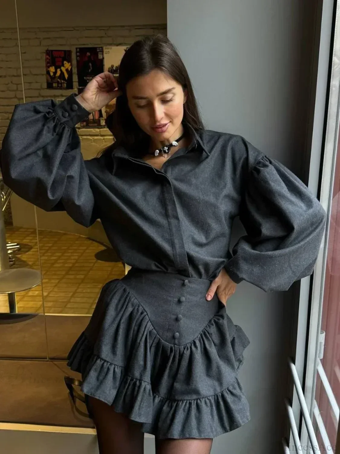 Retro Lapel Loose Bishop Sleeve Blouse - Image 7