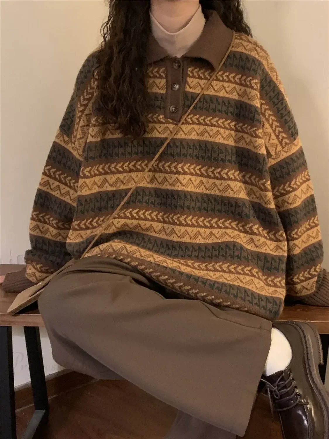 Retro Lazy Style Striped Loose Sweater - Image 2
