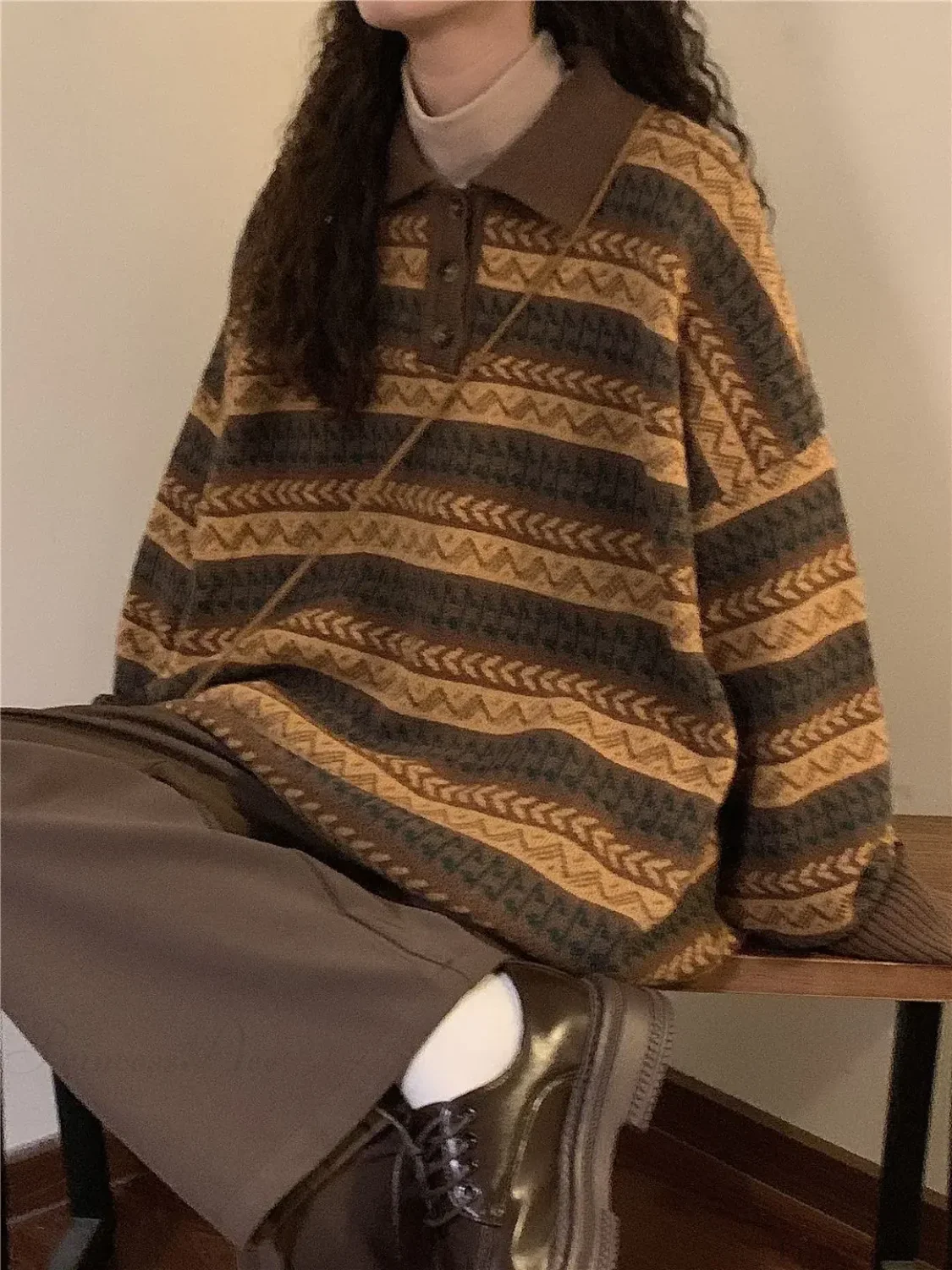 Retro Lazy Style Striped Loose Sweater - Image 3