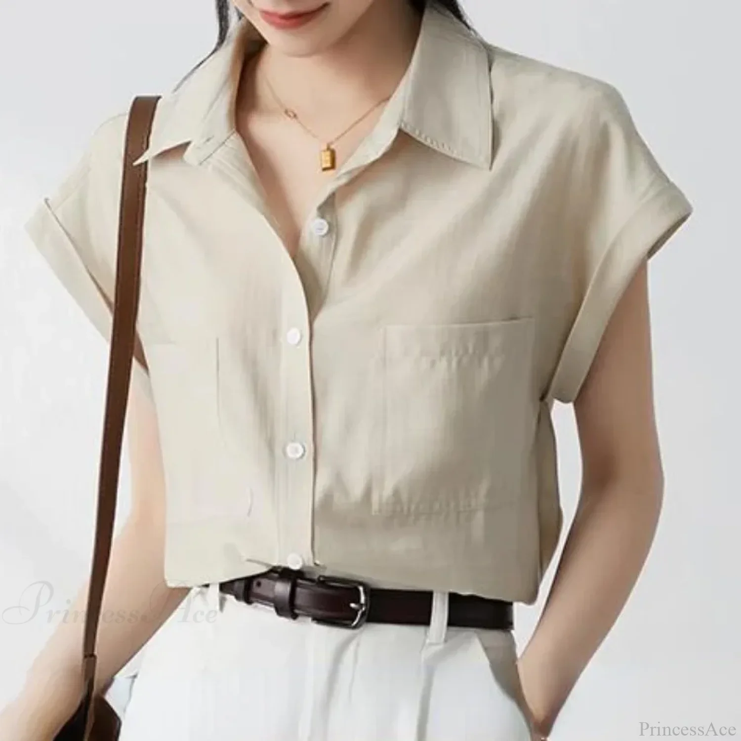 Retro Loose Lapel Pocket Short Sleeve Blouse - Image 2