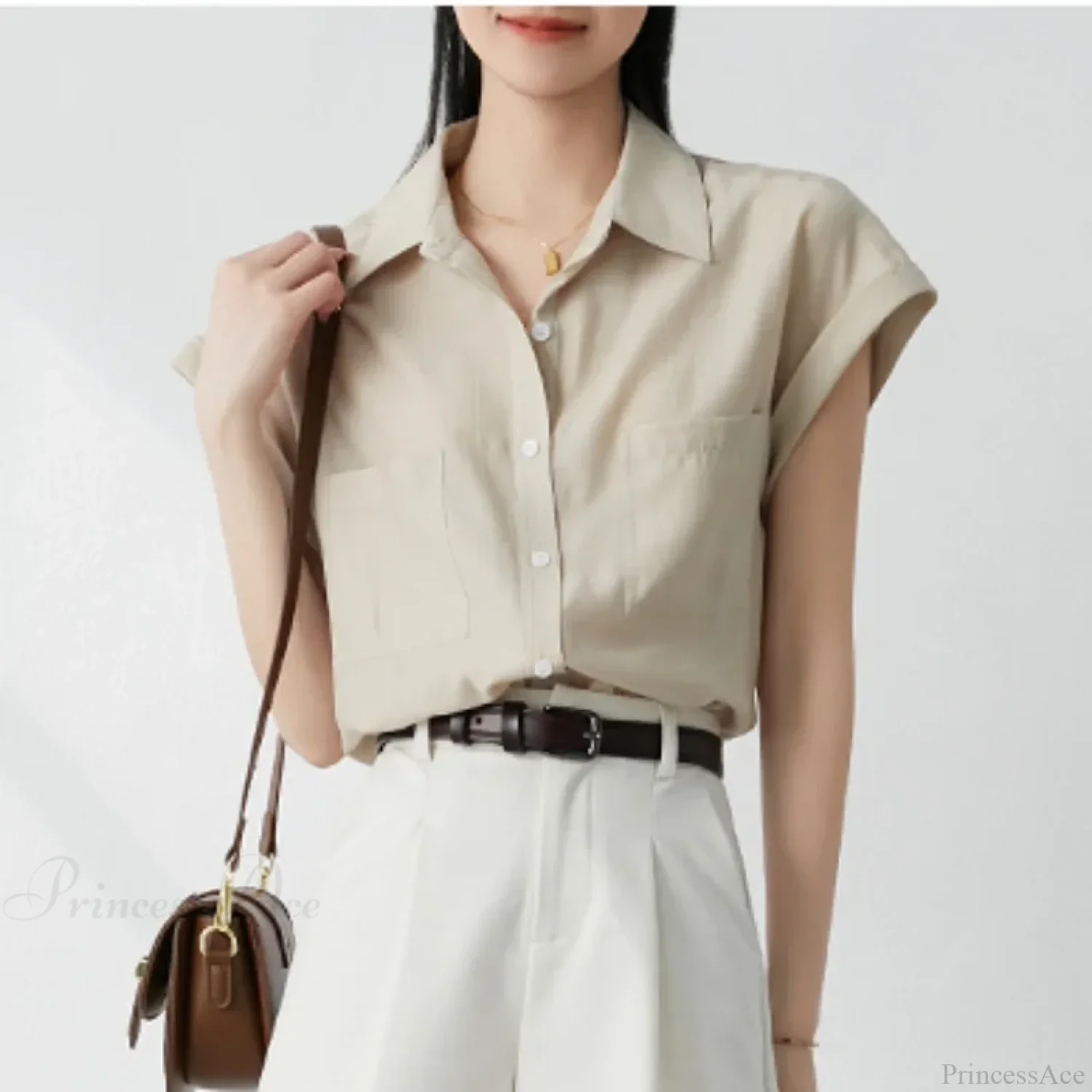Retro Loose Lapel Pocket Short Sleeve Blouse - Image 5