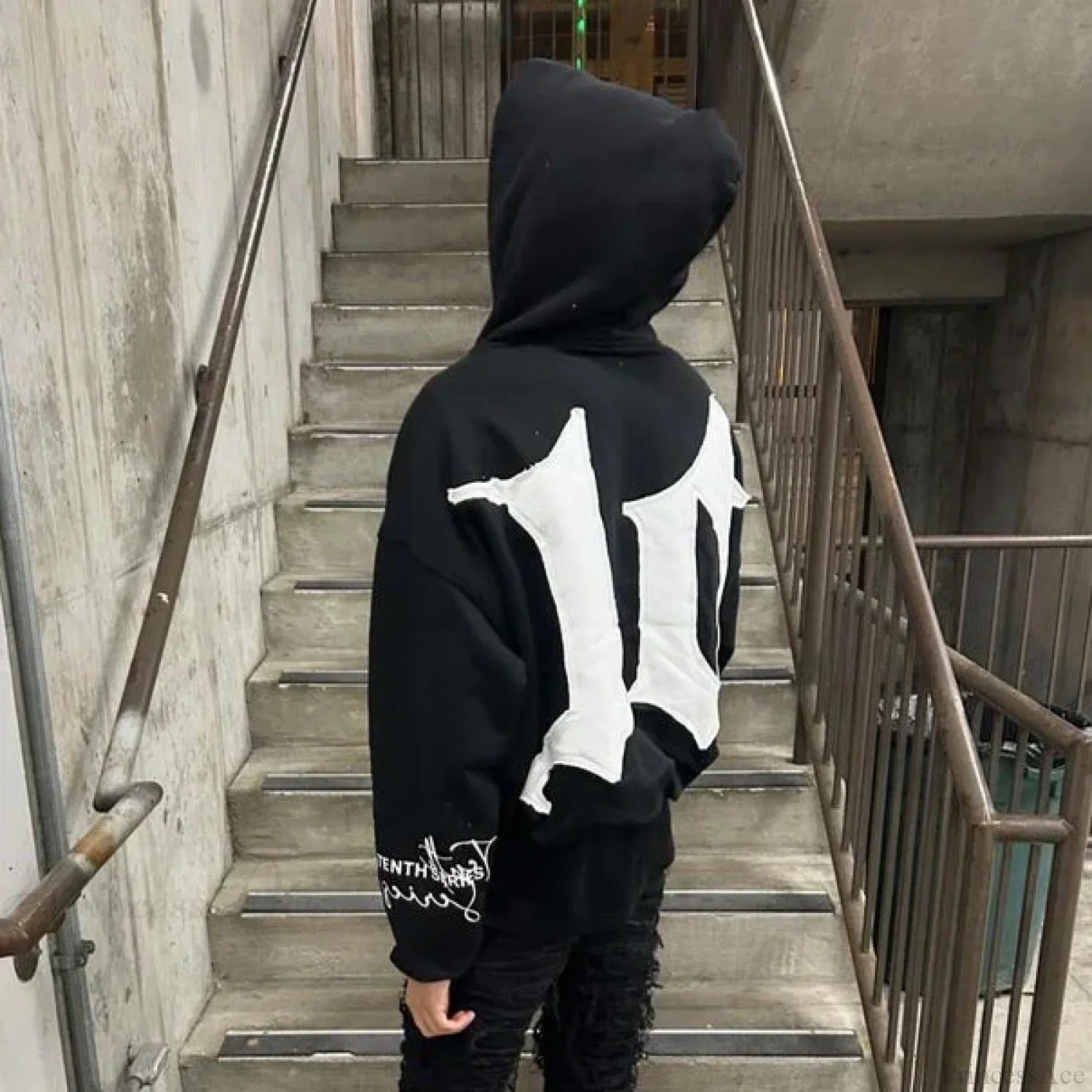 Retro Patch Black Cotton Hoodie - Image 2