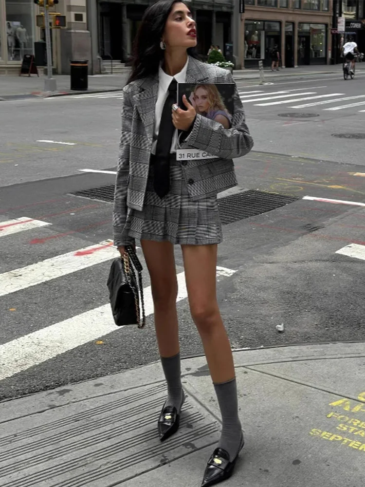 Retro Plaid Pleated Lapel Office Two Piece Set - Image 2