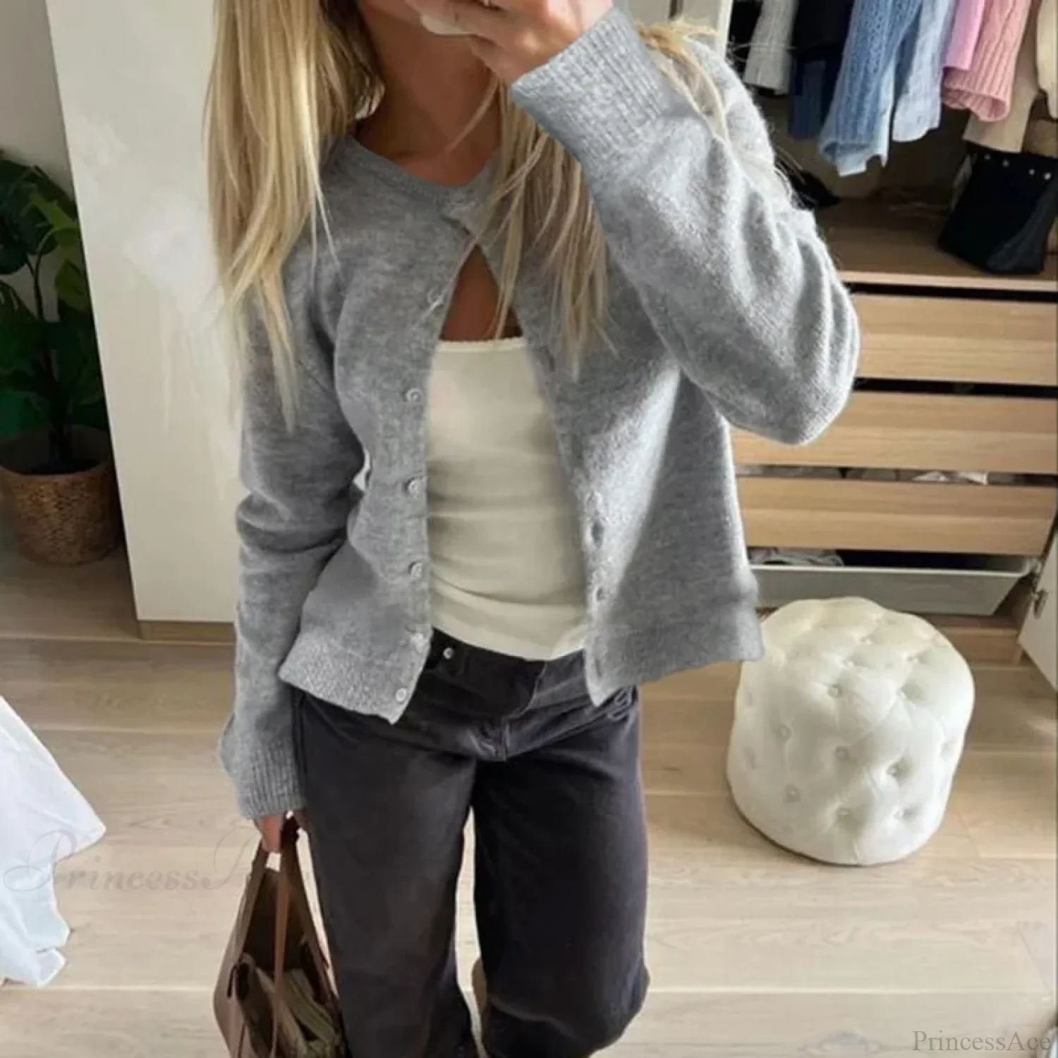 Retro Round Neck Long Sleeve Knit Cardigan - Image 6