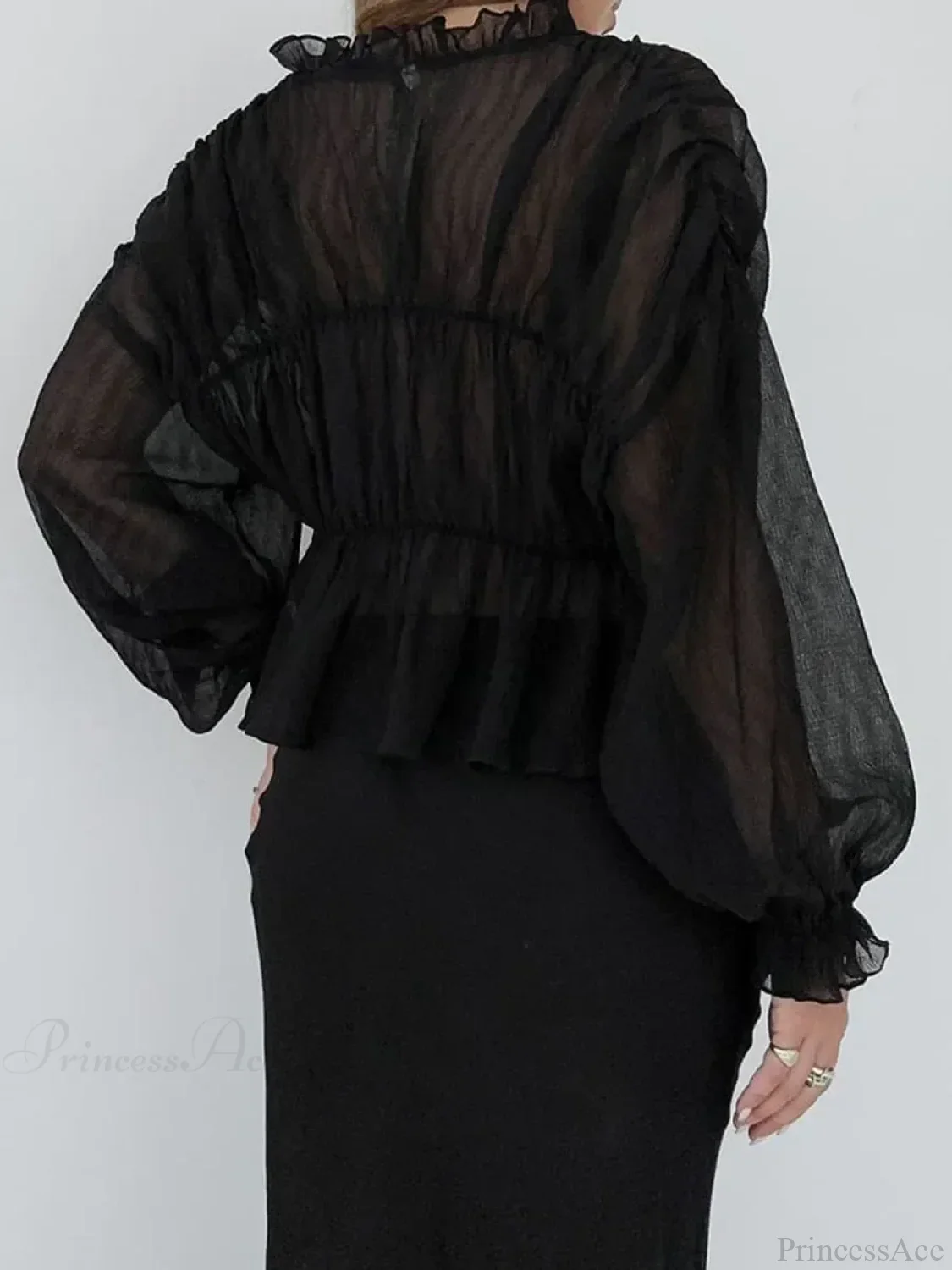 Retro Sheer Mesh Lantern Sleeve Blouse - Image 5
