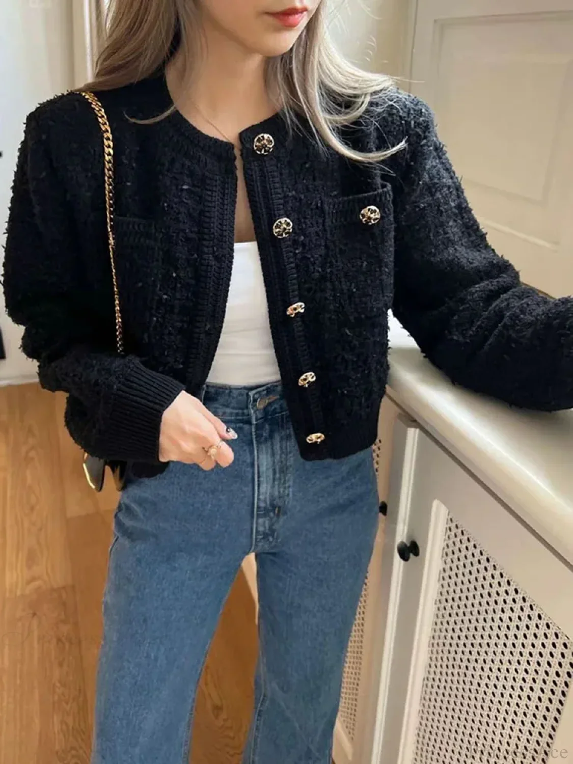 Retro Single Breasted O-Neck Knit Cardigan - Image 4