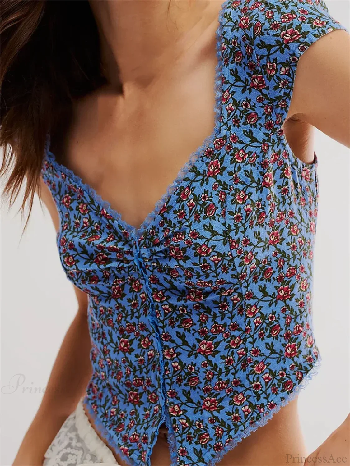 Retro Slim Fit Floral Button V-neck Crop Top - Image 3