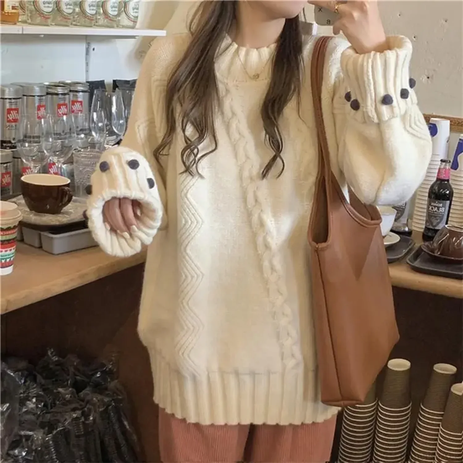 Retro Solid Color Thick Loose Elegant Sweater - Image 2