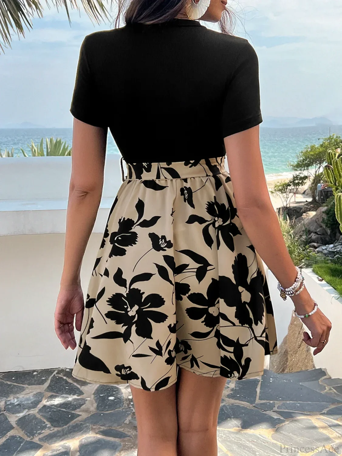 Retro Spliced High Waist Floral Print Dress - Image 2