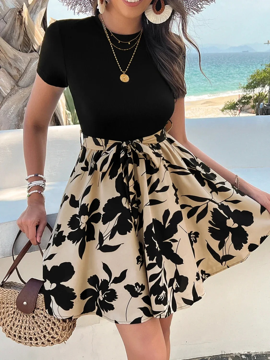 Retro Spliced High Waist Floral Print Dress - Image 3