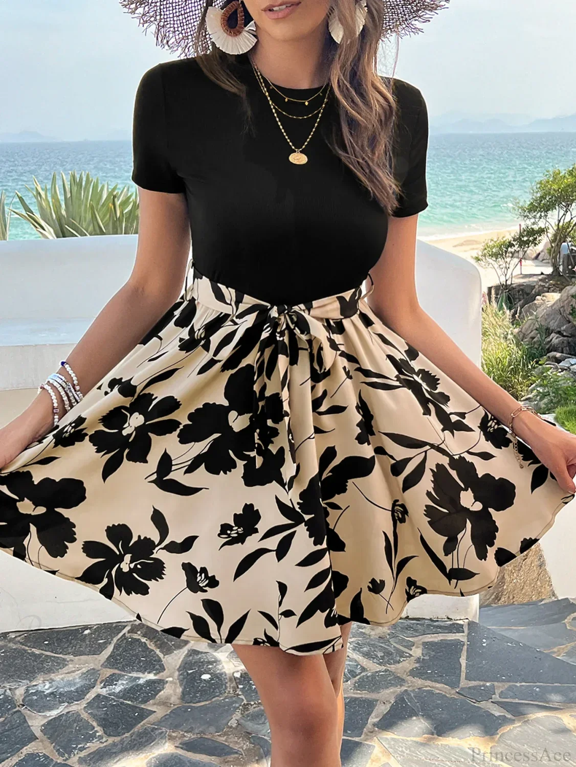 Retro Spliced High Waist Floral Print Dress - Image 5